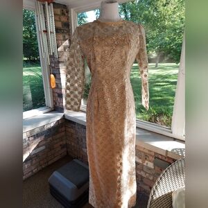 Vintage Gold Metallic Embroidered Cocktail Maxi Dress M/L Floral 60s Sheer